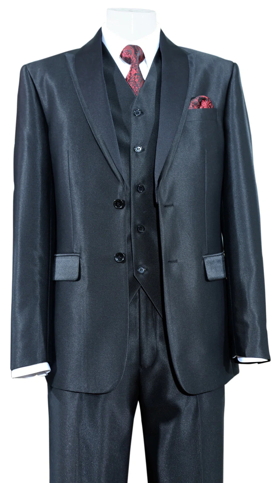 Men’s Black Shiny 3 Piece Tuxedo Groom Suit, Formal Vest Suit for Weddings, Prom, Black Tie Events, Black Lapel