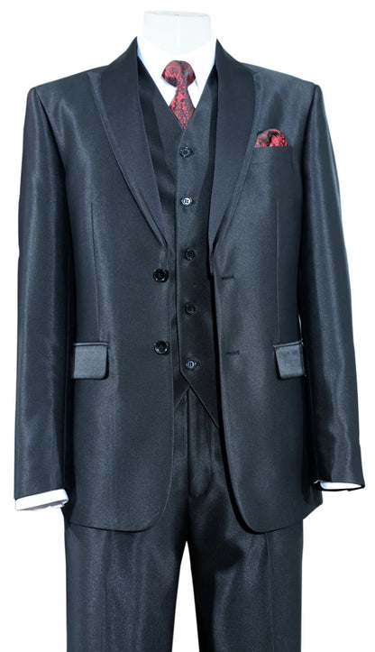 Men’s Black Shiny 3 Piece Tuxedo Groom Suit, Formal Vest Suit for Weddings, Prom, Black Tie Events, Black Lapel