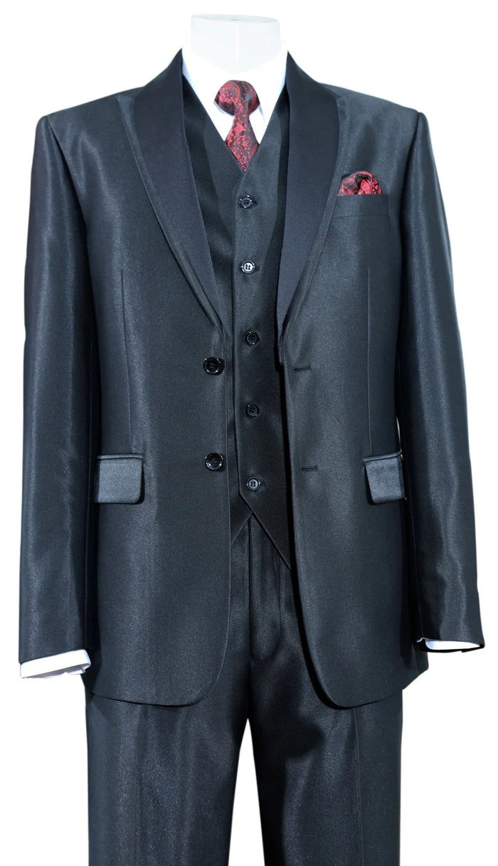 Men’s Black Shiny 3 Piece Tuxedo Groom Suit, Formal Vest Suit for Weddings, Prom, Black Tie Events, Black Lapel