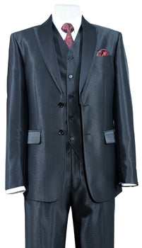 Men’s Black Shiny 3 Piece Tuxedo Groom Suit, Formal Vest Suit for Weddings, Prom, Black Tie Events, Black Lapel