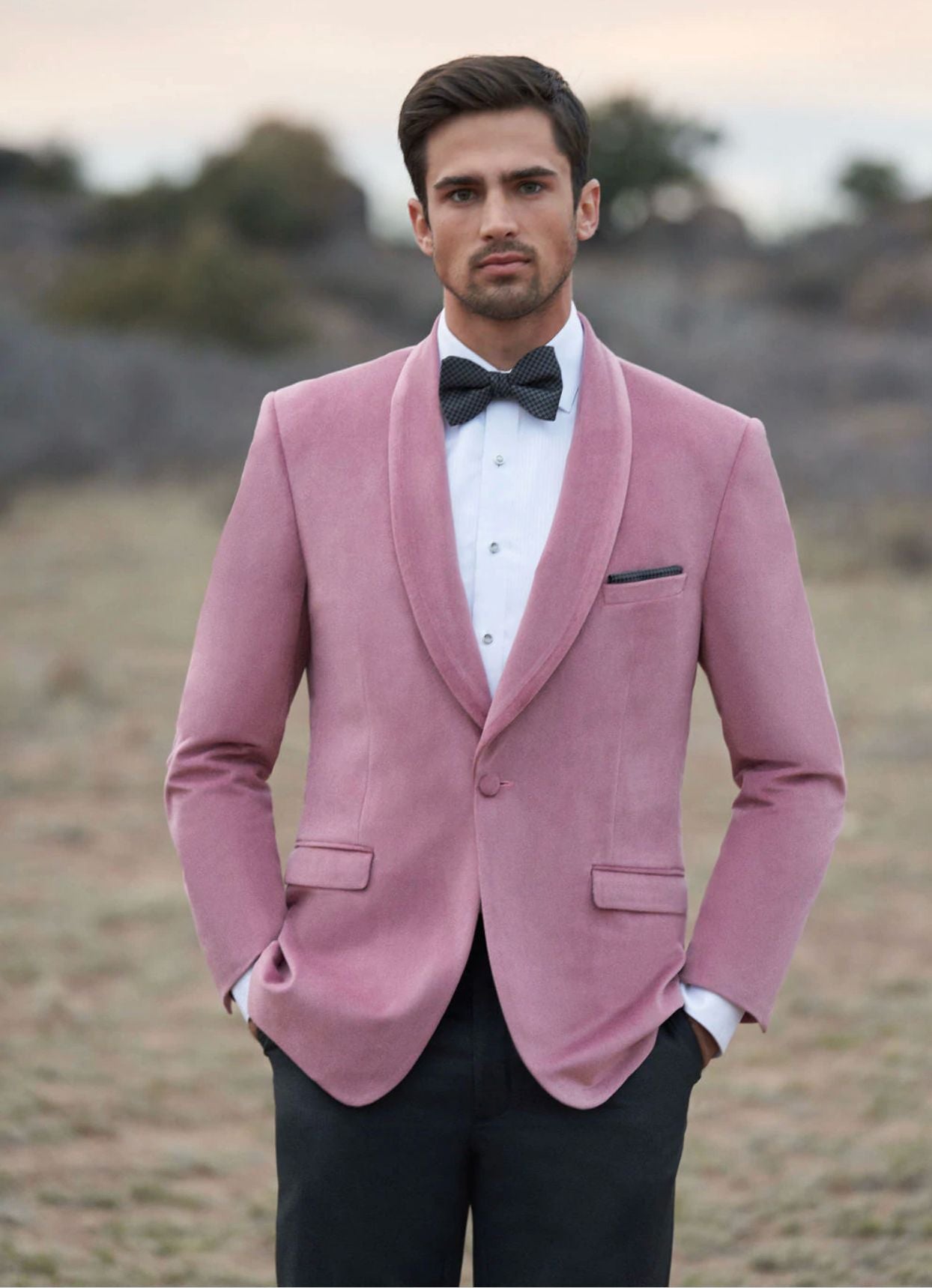 Mens Pink Velvet Tuxedo Dinner Jacket with Shawl Lapel – Slim Fit Blazer for Weddings, Prom in Rose Gold Color
