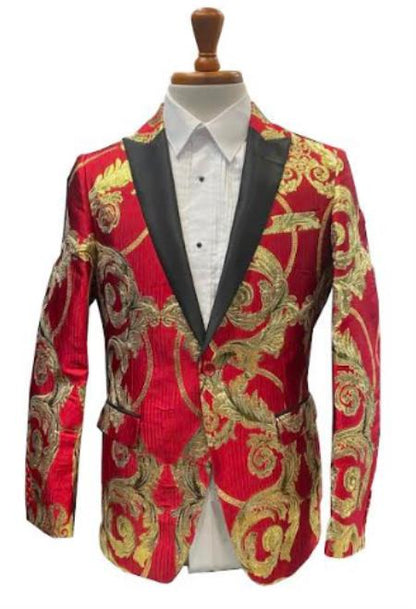 Men's Red and Gold Baroque Tuxedo Jacket with Black Satin Shawl Lapel - Image 6
