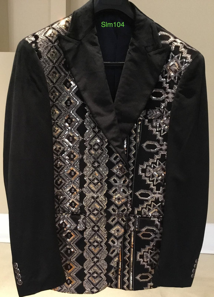 Mens Black and White and Silver Sequin Embroidered Blazer – Luxury Designer Party Wear with Geometric Detailing - Image 8