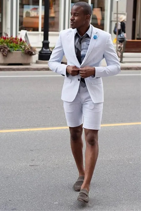Men’s Cotton Fabric White 2 Piece Summer Suit with Shorts, Casual Beach Wedding and Resort Formal Outfit Modern Fit