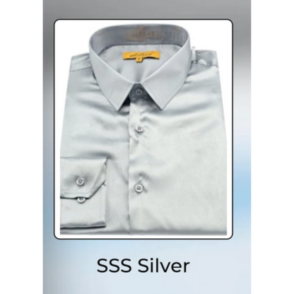 Men’s Silver Satin Dress Shirt  – Luxury Slim Fit Outfit for Parties, Weddings, and Formal Events