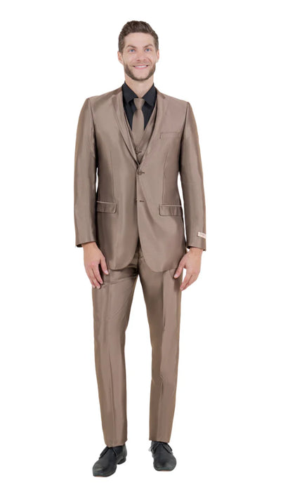 Men’s Sateen Shiny Metallic Mocca Taupe Gold Bronze 3-Piece Suit Set – Shiny Finish slim Fit Formal and Party Suit