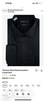 Men’s Black Pleated Tuxedo Dress Shirt | Formal Laydown Collar Button-Up Shirt for Weddings & Black Tie By Tiglio
