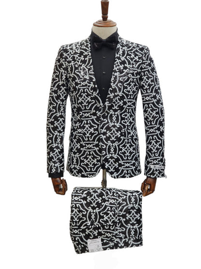 Men’s Black and Silver Sequin Tuxedo – Slim Fit 2-Piece Party and Wedding Suit with Sparkling Design- Black and White Color