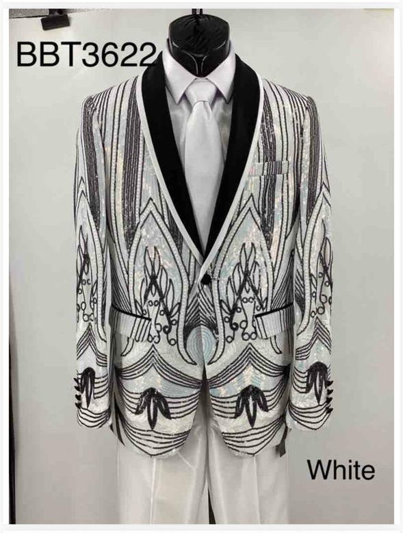 Men’s White and Black Patterned Tuxedo Blazer – Luxury Designer Dinner Jacket for Wedding, Prom and Formal Events New Year Christmas Holiday