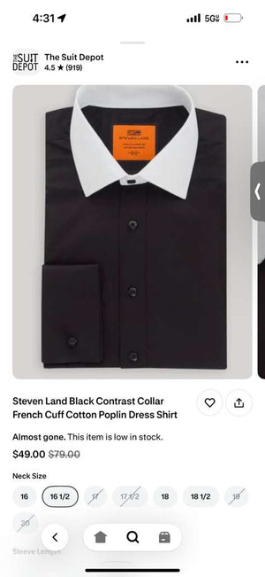 Men’s Black Dress Shirt with White Contrast Collar | French Cuff Cotton Poplin Formal Button-Up Shirt