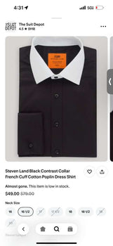 Men’s Black Dress Shirt with White Contrast Collar | French Cuff Cotton Poplin Formal Button-Up Shirt