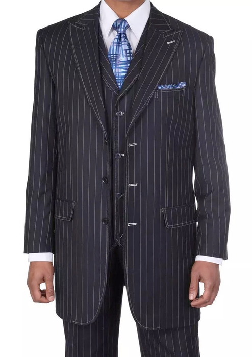 Men’s Three Button Suits -  Navy Blue Pinstripe Three-Piece Suit – Classic Business and Formal Wear - Zoot Suit