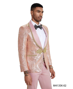 Men’s Rose Gold Pink Prom Tuxedo Suit – Slim Fit Paisley Pattern Formal Tuxedo Suit for Prom, Wedding and Special Events