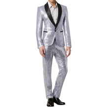 Mens Silver Grey Sequin Tuxedo Suit – Shiny Wedding Suit Set with Black Lapel for Prom, Party, Gala and Formal Evening Wear