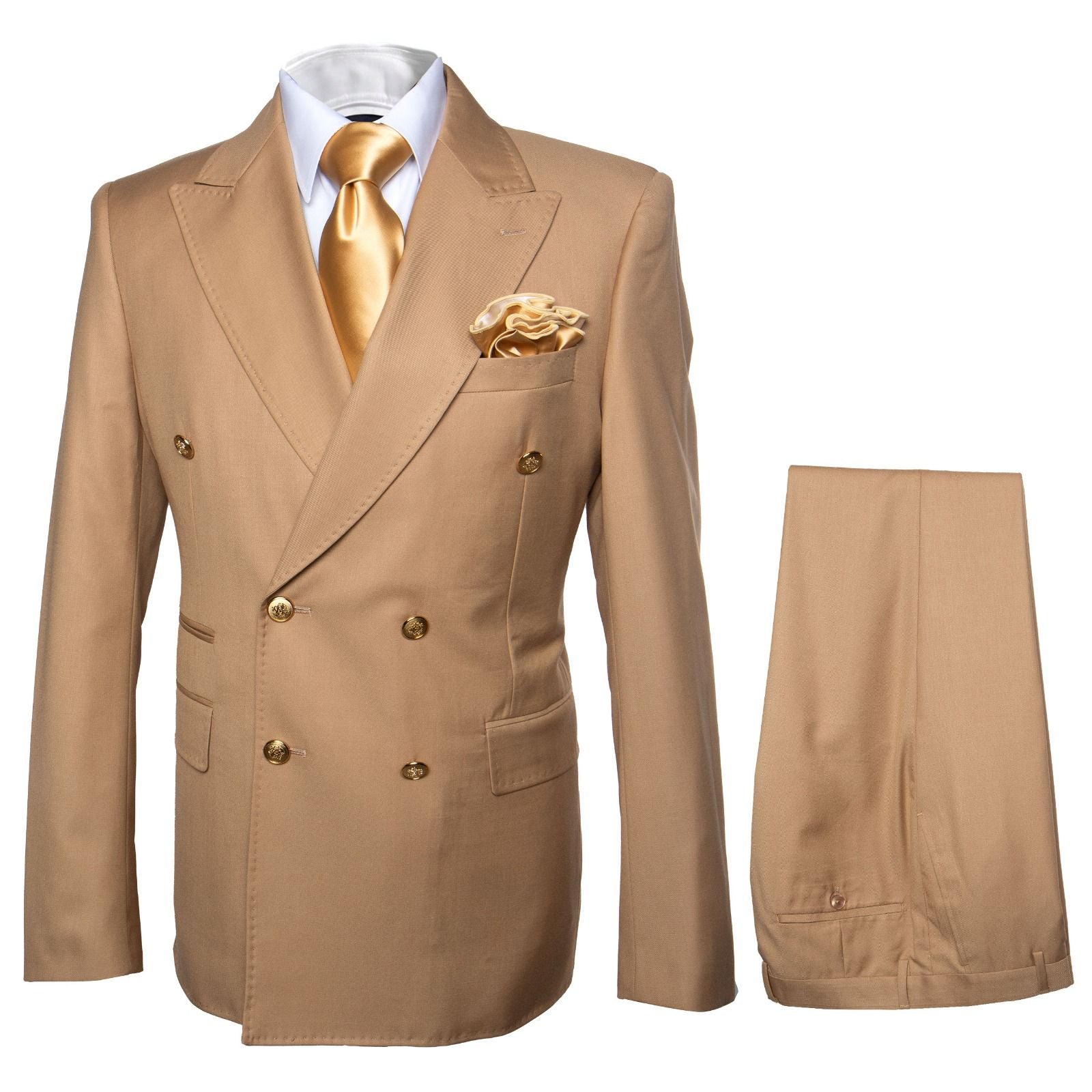 Mens Camel - Bronze - Goldish khaki Double-Breasted Suit – Luxury 2-Piece Formal Set with Gold Buttons and Peak Lapels by Rossi Man - Image 9