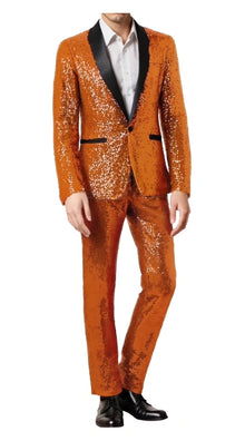 Mens Orange Sequin Tuxedo Suit – Shiny Wedding Suit Set with Black Lapel for Prom, Party, Gala and Formal Evening Wear - Goldish Orange
