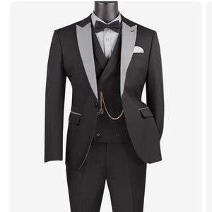 Men’s Black And White Lapel 3 Piece Tuxedo Suit with Silver Gray Satin Lapel | Formal Wedding Prom Suit Set