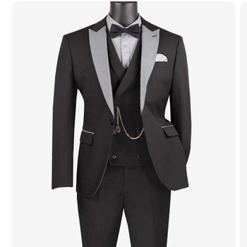 Men’s Black And White Lapel 3 Piece Tuxedo Suit with Silver Gray Satin Lapel | Formal Wedding Prom Suit Set