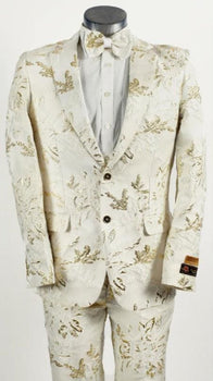 Men’s White and Gold Patterned Blazer – Paisley Floral Pattern Prom Wedding Suit Tuxedo Dinner Jacket + Bowtie