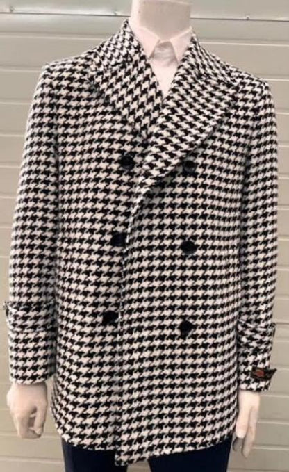 Mens Houndstooth Double-Breasted Overcoats – Classic Black and White Wool Blend Peacoat Wool Fabric - Image 7