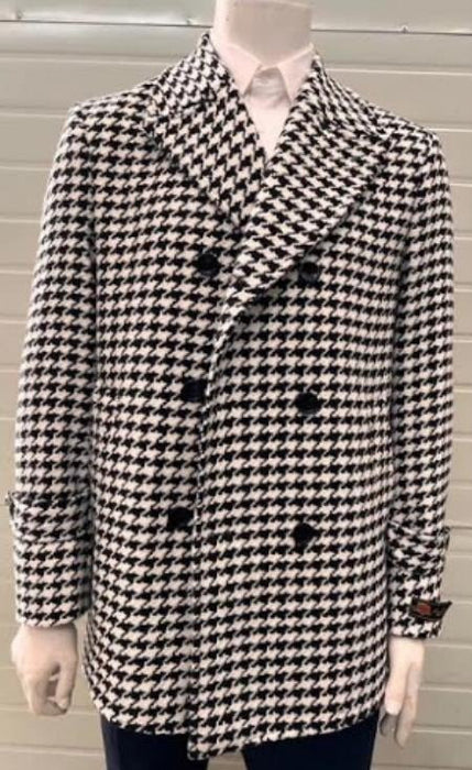 Mens Houndstooth Double-Breasted Overcoats – Classic Black and White Wool Blend Peacoat Wool Fabric