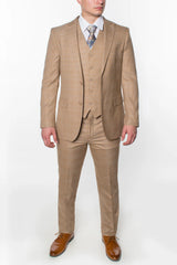 Men’s Khaki Tan Plaid Western Cowboy 3-Piece Suit – Texture Plaid windowpane Blazer, Vest & Pants