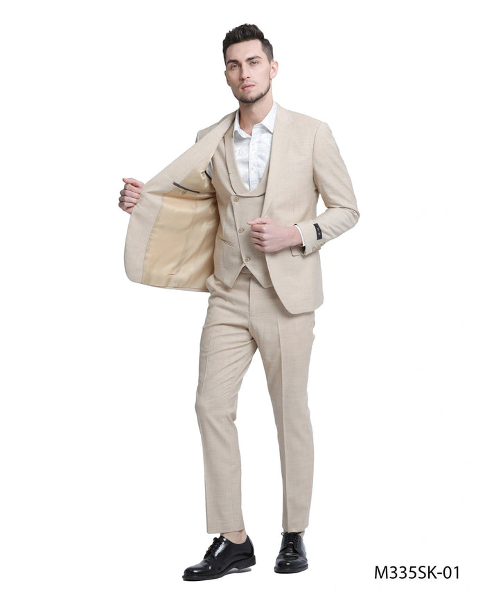 Mens Sand Beige 3 Piece Suit – Double breasted Vest Formal Suit Set  and Dress Pants in Champaign Natural Summer Color Modern Fit