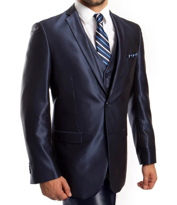 Men’s Navy Blue Sharkskin 3 Piece Suit – Two Button Vested Shiny Formal Suit for Wedding, Prom, Business and Party Wear Modern Fit