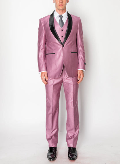 Men’s Shiny Mauve Pink 3 Piece Tuxedo – Wedding & Prom Suit with Black Shawl Lapel