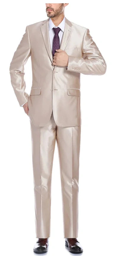 Men’s Champagne Tan Sharkskin 2 Button Suit – Shiny Formal Suit with Optional Vest for Wedding, Prom, Business Beige Color Modern Fit