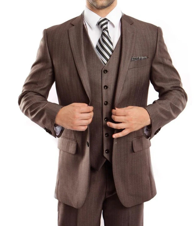 Men’s Brown Sharkskin 3 Piece Suit – Textured Two Button Vested Business Formal Suit for Wedding, Party Wear Vested Modern Fit