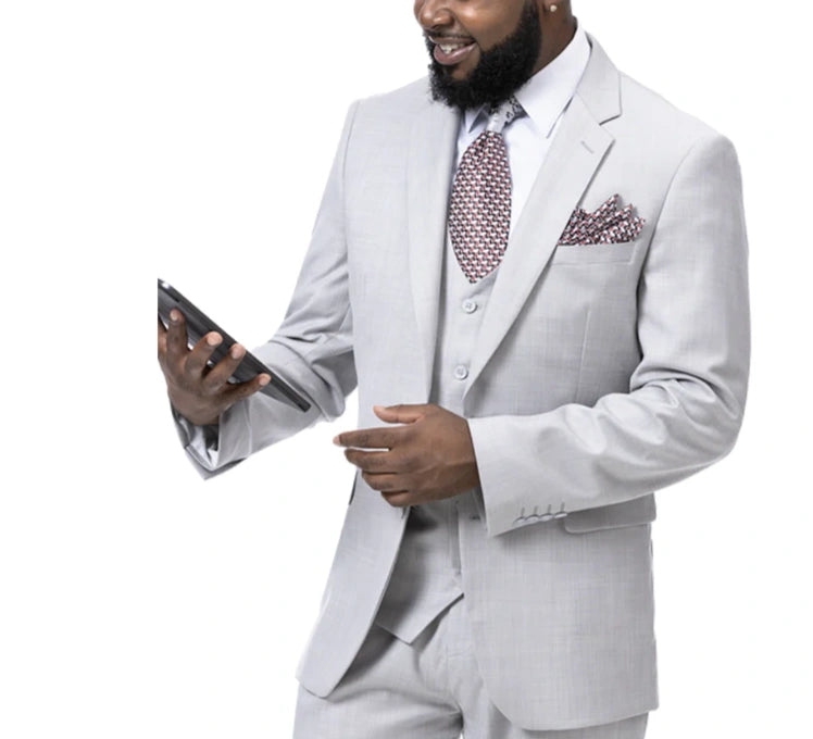 Men’s Light Grey Sharkskin 3 Piece Suit – Two Button Vested Modern Formal Business Suit for Wedding in silver Ice Gray Modern Fit