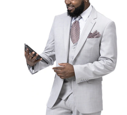 Men’s Light Grey Sharkskin 3 Piece Suit – Two Button Vested Modern Formal Business Suit for Wedding in silver Ice Gray Modern Fit