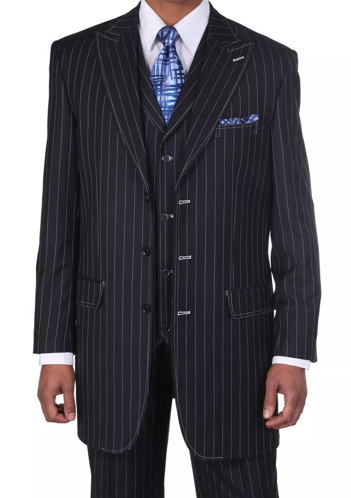 Men’s Three Button Suits -  Navy Blue Pinstripe Three-Piece Suit – Classic Business and Formal Wear with Tailored Fit
