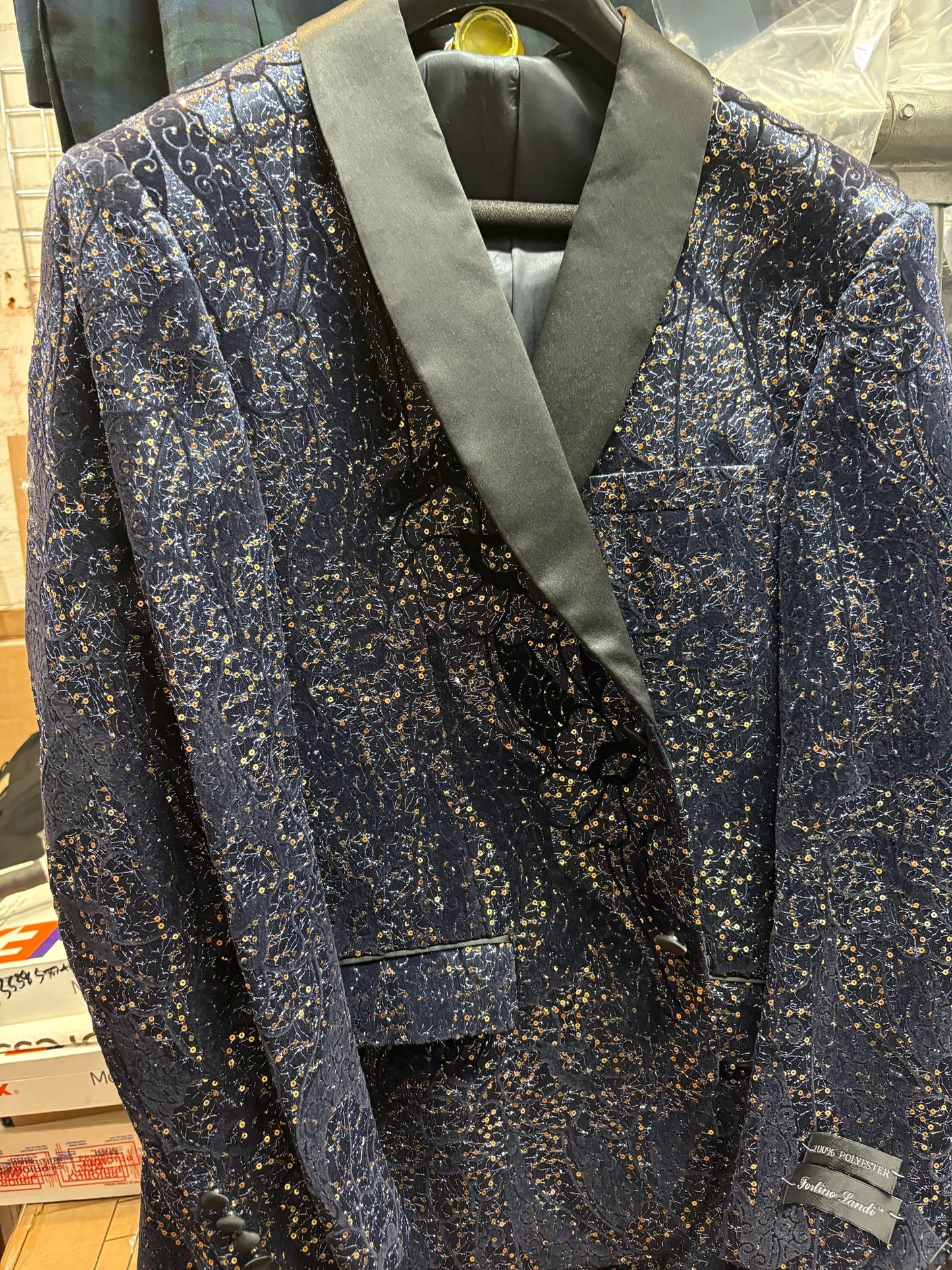 Men’s Navy Blue Sequin Tuxedo Jacket with Black Satin Shawl Lapel – Luxury Prom and Wedding Blazer