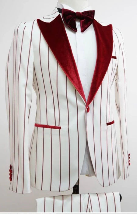 Men’s White and Dark Red Pinstripe Tuxedo with Velvet Shawl Lapel – Formal Dinner Blazer Prom Christmas New Year Holiday Suit