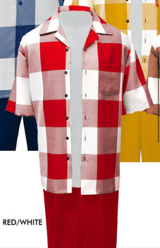 Mens Red and White Checkered Short Sleeve Shirt Set – Casual Two-Piece Summer Outfit With Walking Suit Plus Matching Pants