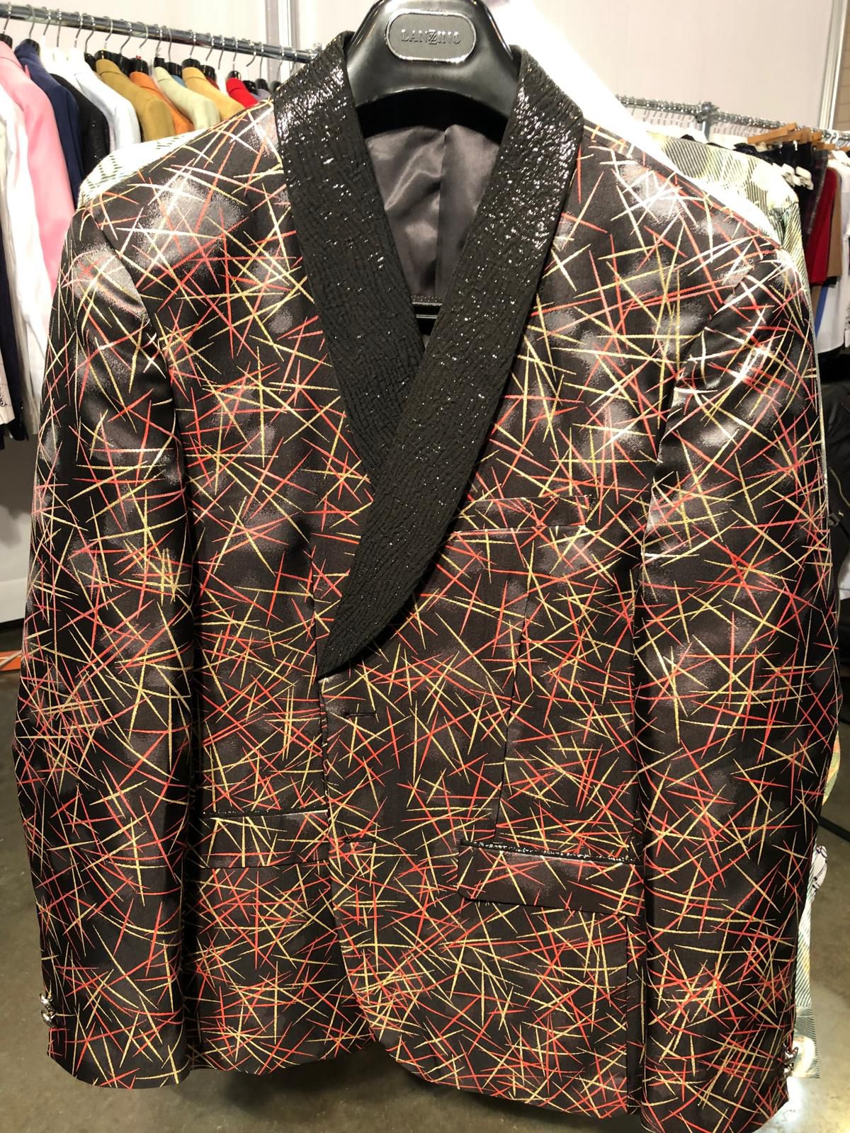 Men’s Black Shiny Designer Blazer with Red and Gold Pattern – Luxury Party & Wedding Jacket