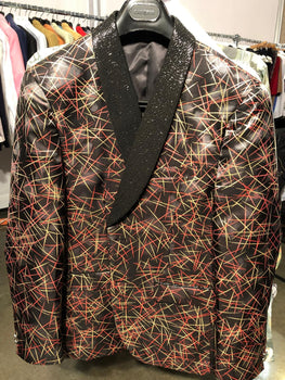 Men’s Black Shiny Designer Blazer with Red and Gold Pattern – Luxury Party & Wedding Jacket