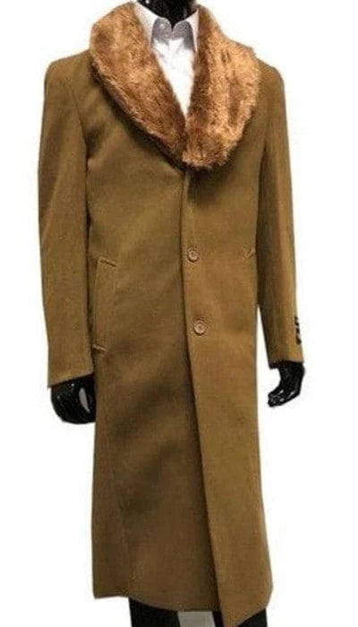 Men's Camel Brown Long Overcoat with Faux Fur Collar, Classic Winter Topcoat for Formal and Business Wear - Image 10