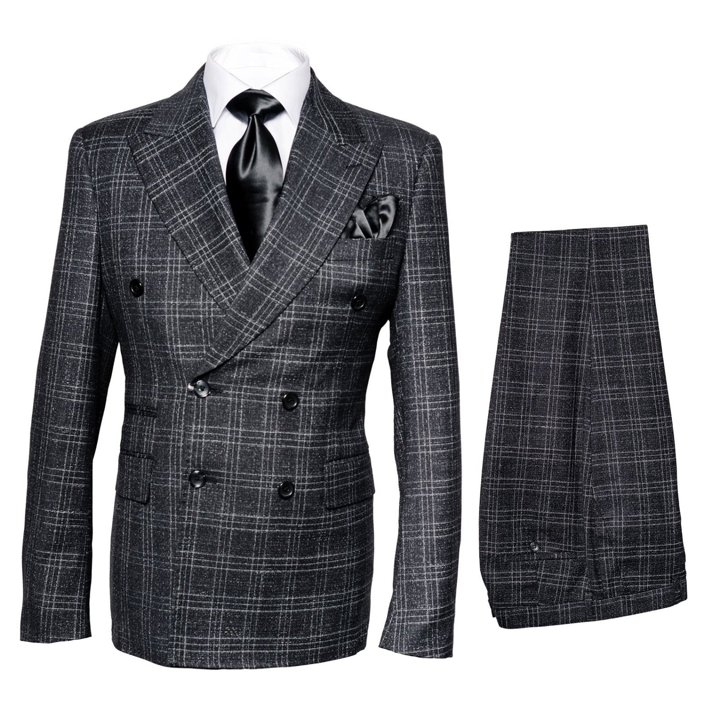 Rossi Man Men’s Charcoal Plaid Double-Breasted Suit – Windowpane Wedding, Business and Formal 2-Piece Suit  Modern Fit