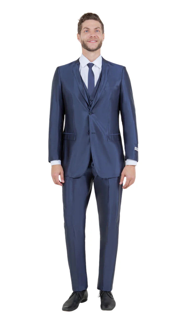 Men’s Navy Blue Shiny Finish 3-Piece Suit Set – Premium Tailored Fit Formal Wedding and Party Sateen Slim Fitted Suit