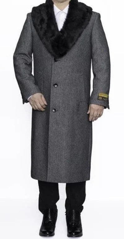 Men's Grey Herringbone Tweed Long Overcoat with Black Faux Fur Collar, Classic Winter Topcoat - Image 10