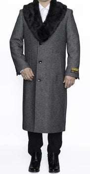 Men's Grey Herringbone Tweed Long Overcoat with Black Faux Fur Collar, Classic Winter Topcoat - Image 10
