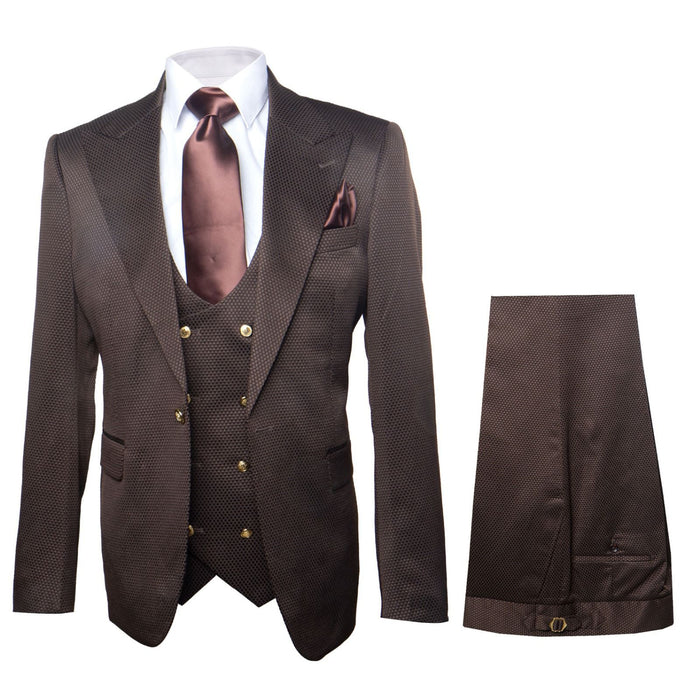 Men’s Chocolate Brown Textured 3-Piece Suit – Luxury Double-Breasted Vest Formal Set