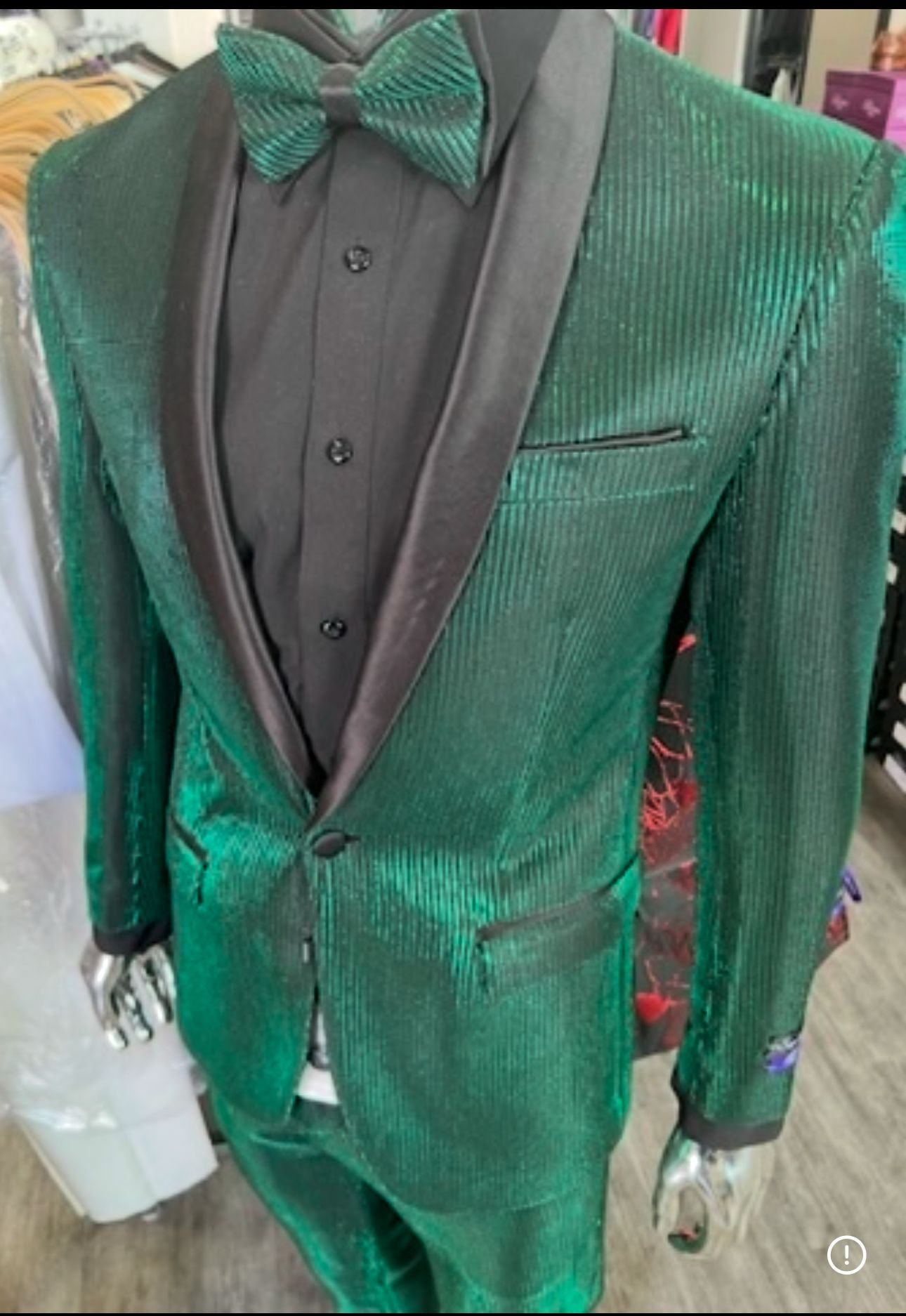 Men's Emerald Green Shiny Tuxedo with Black Satin Lapel and Matching Bow Tie – Ultra Slim Fit - Image 6