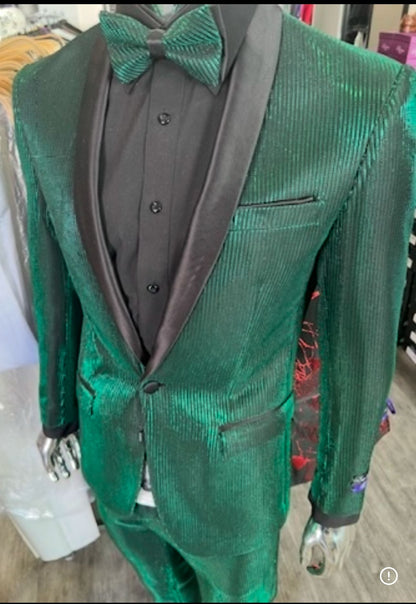 Men's Emerald Green Shiny Tuxedo with Black Satin Lapel and Matching Bow Tie – Ultra Slim Fit - Image 6