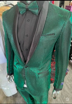 Men's Emerald Green Shiny Tuxedo with Black Satin Lapel and Matching Bow Tie – Ultra Slim Fit - Image 6