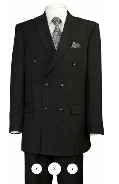 Men’s Black Pinstripe Double Breasted Suit – Peak Lapel Classic Fit Formal Business Conservative settle stripe