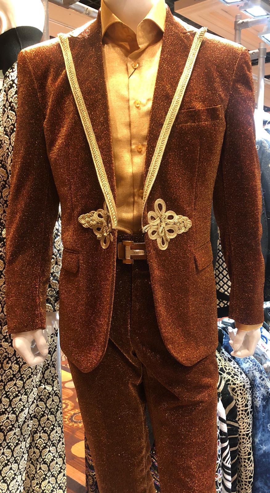 Mens Bronze Shiny Velvet Suit – Designer Party and Wedding Wear Blazer and Pant Set Brown and Gold Tuxedo - Image 7
